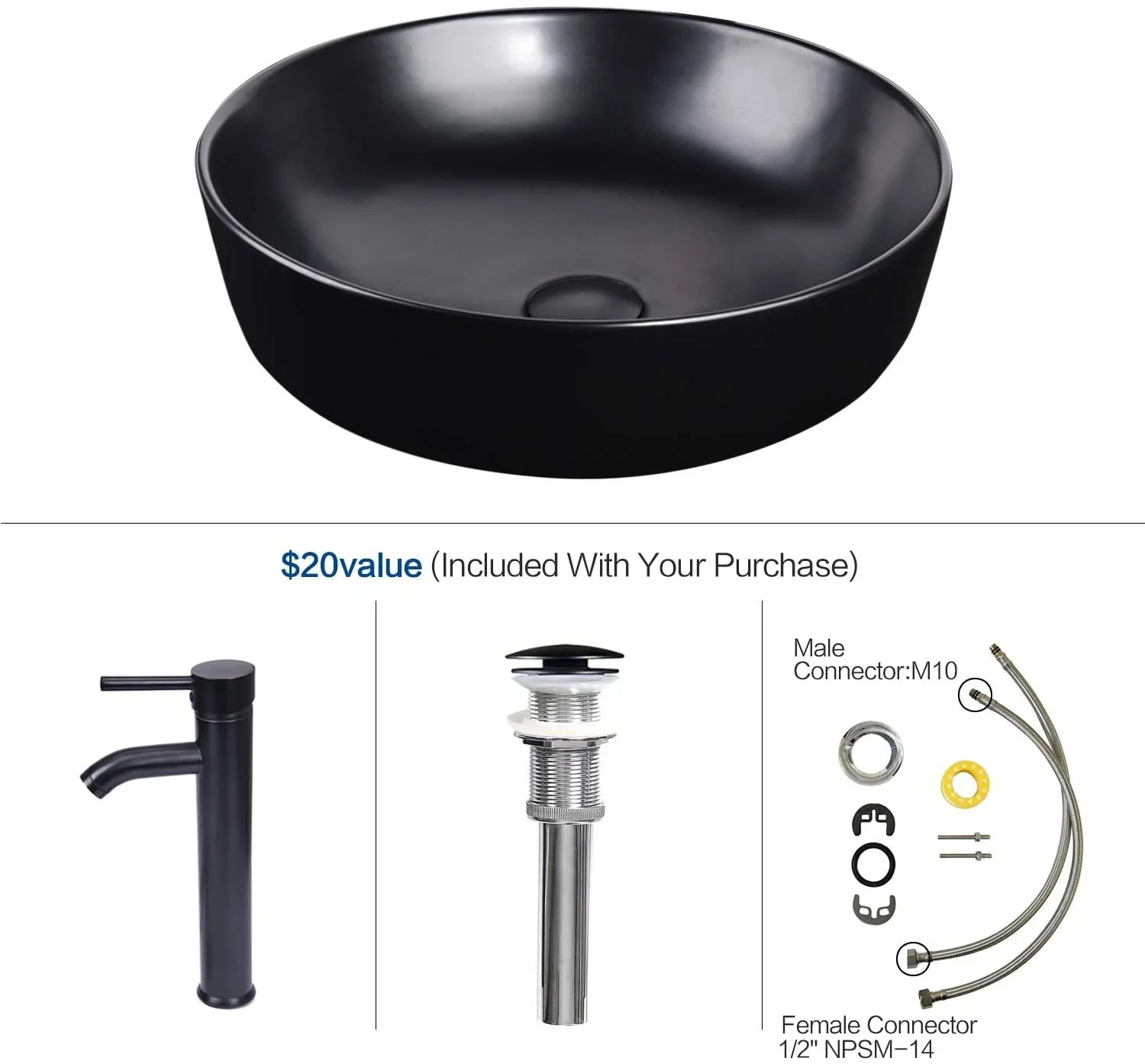 Artistic Porcelain Ceramic Vessel Sink Basin Washing Bowl Set Cabinet Countertop Sink with Chrome Faucet Pop-up Drain and Water Pipe Lavatory