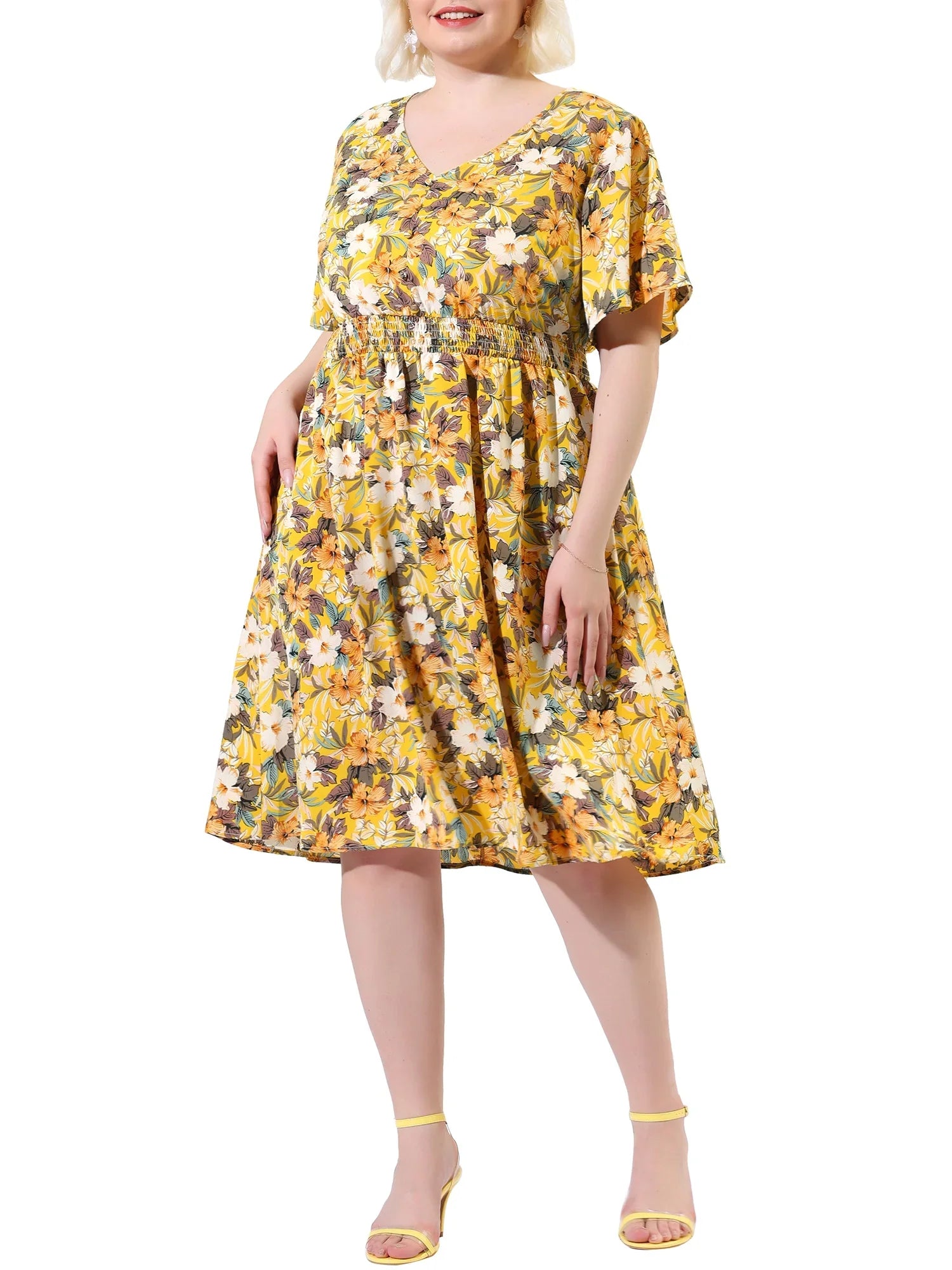 Juniors' Plus V Neck Floral Print Flare Sleeve Casual Midi Dress Yellow 3X