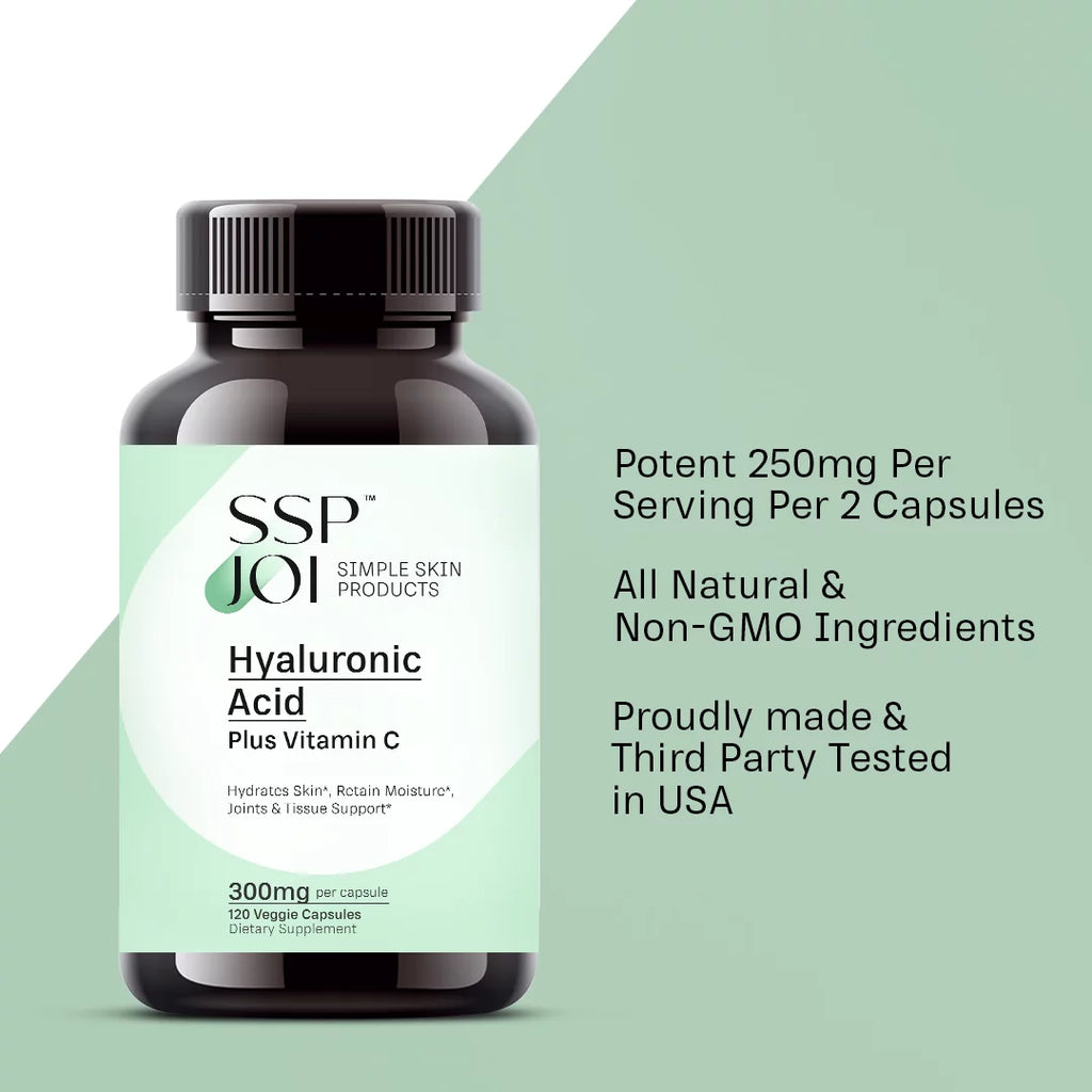 Hyaluronic Acid 250mg with 50mg Vitamin C per Capsule - 120 Veggie Capsules - Supports Skin Hydration, Youthful Skin, Joints Lubrication