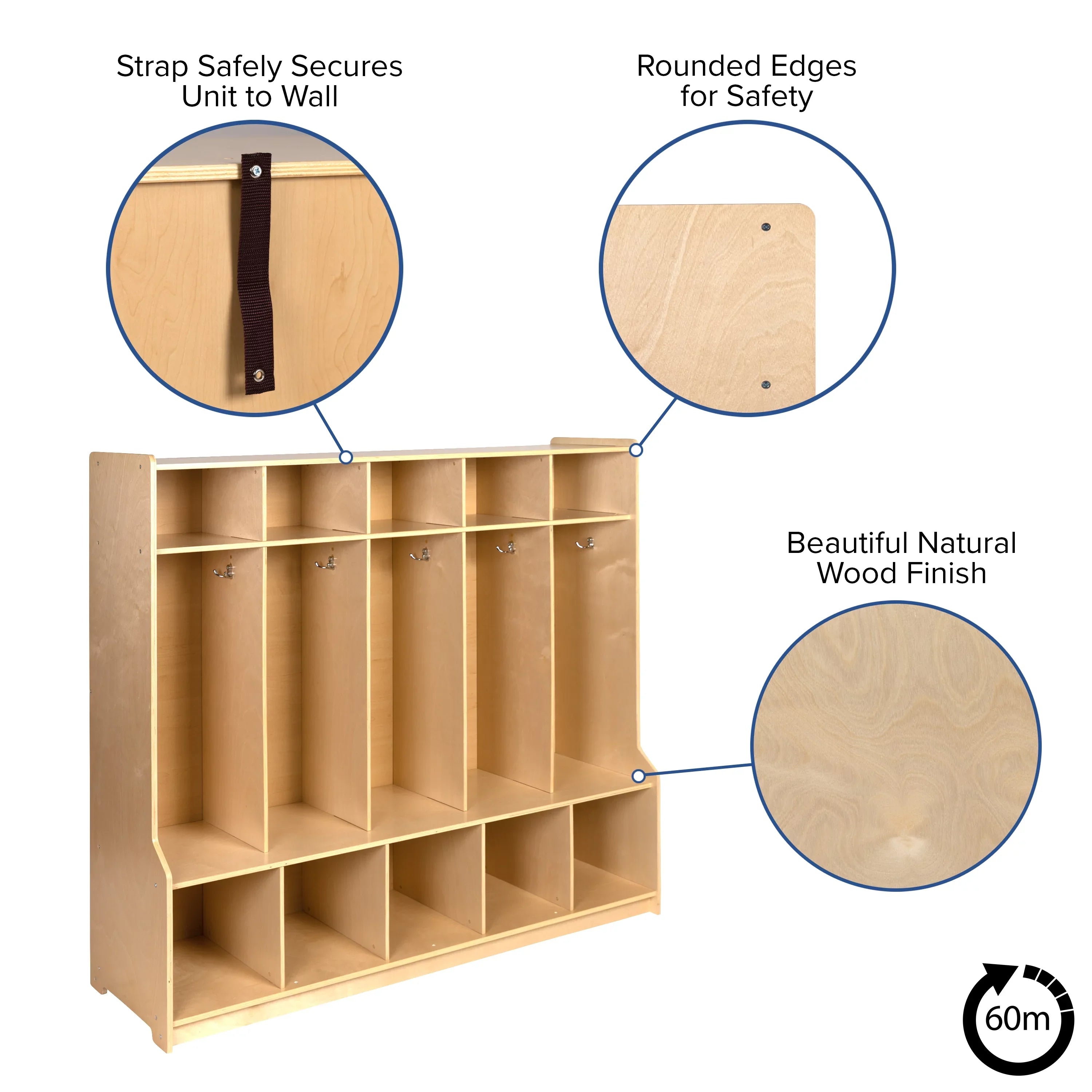 Emma + Oliver Wood 5 Section School Coat Locker with Bench, Cubbies and Storage Organizer Hook