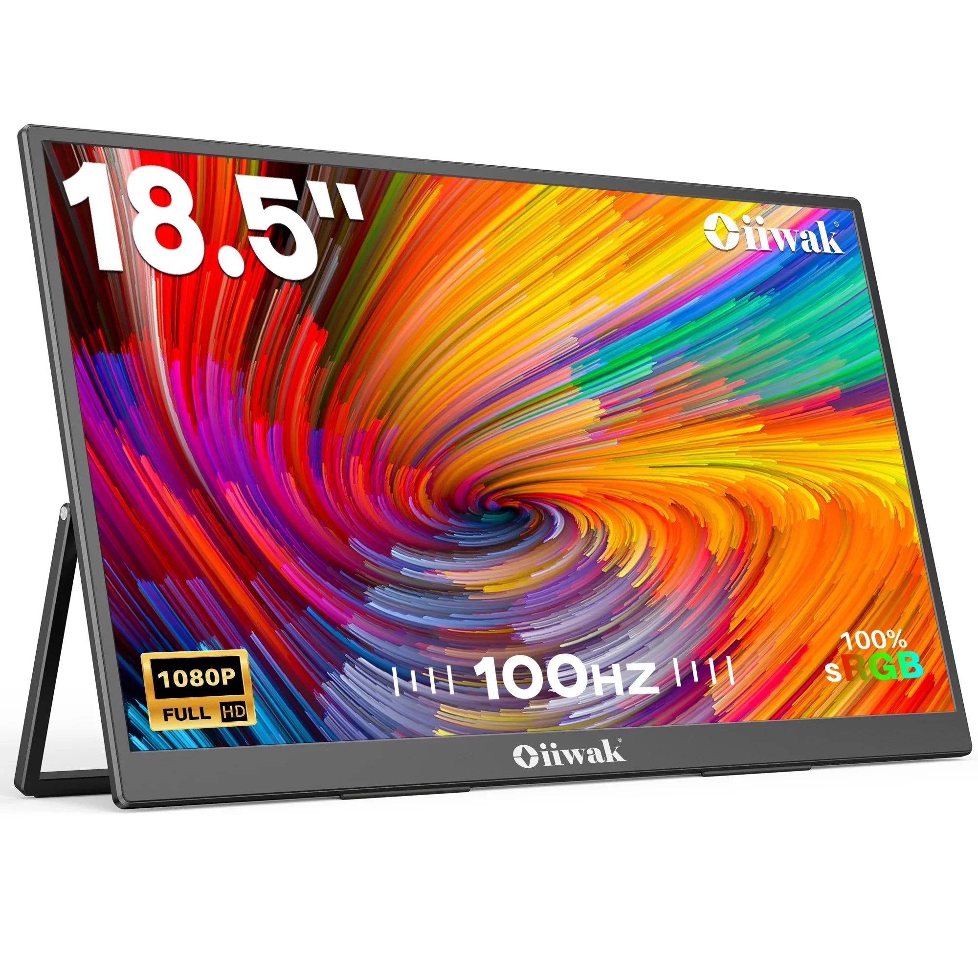 Oiiwak 18.5 inch Large Portable Monitor,100HZ Second Screen Extender for Laptop, 100% sRGB 1080P   Frameless Travel Gaming Monitor, Dual Speakers, 180° Foldable Stand &