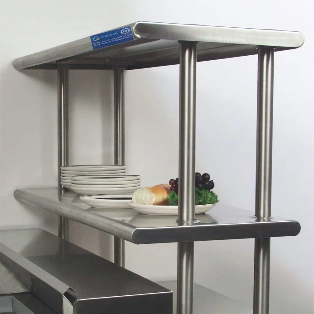 30" x 24" Stainless Steel Work Table With Two Shelves | 12" Wide Double Tier Overshelf | Metal Kitchen Prep Table & Shelving Combo