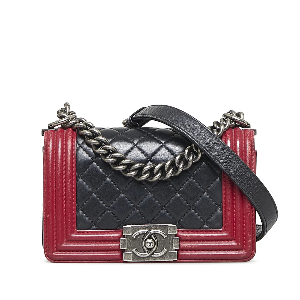 Pre-Owned Authenticated Chanel Small Bicolor Boy Calf Leather Black Shoulder Bag Unisex (Good)