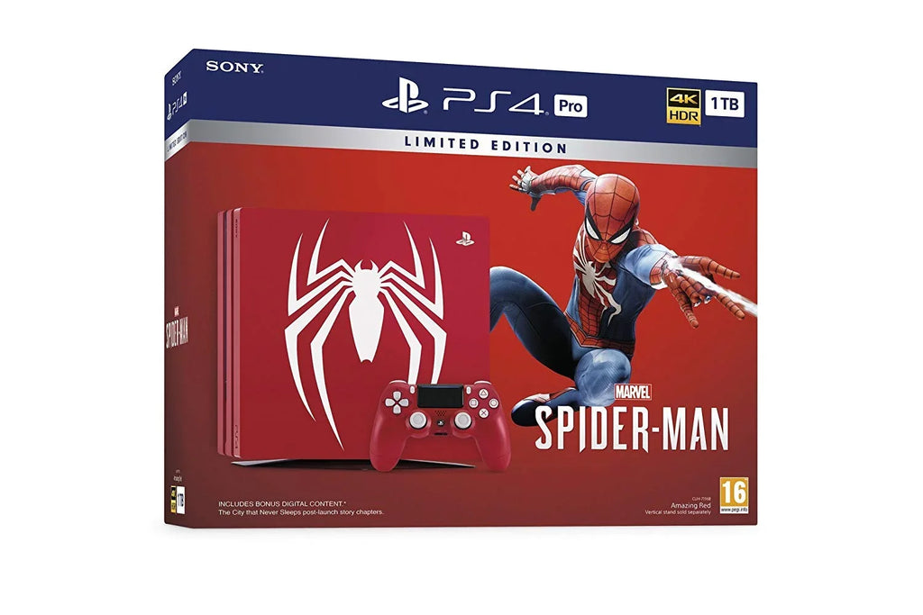 PlayStation 4 Pro Marvel\'s Spider-Man Limited Edition Amazing Red 1TB Console and Extra Midnight Blue Dualshock Wireless Controller Bundle