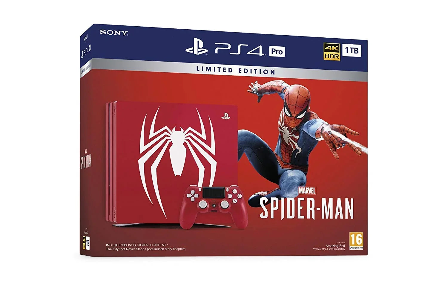 PlayStation 4 Pro Marvel\'s Spider-Man Limited Edition Amazing Red 1TB Console and Extra Midnight Blue Dualshock Wireless Controller Bundle