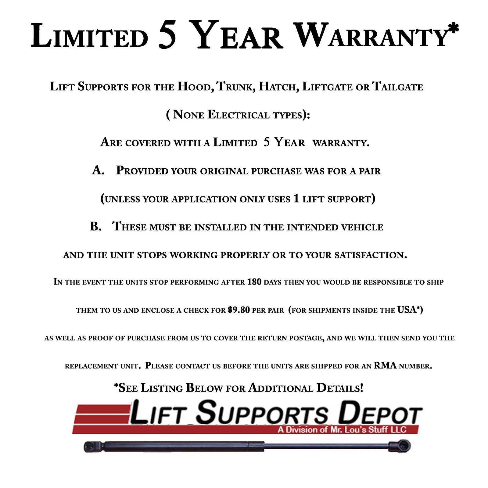 Qty 2 Made by Strong Arm 4643 Fits Mustang 94 to 04 Trunk Lift Supports W/O Spoiler Fits select: 1994-2004