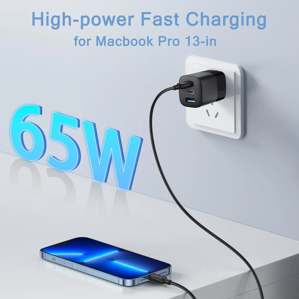 '+ 65W  C and  A Charger, (GaN) Tech Power Adapter, 3-Port Wall Charger, Foldable Fast Charger for iPhone, Smartphones, Tablets, Laptops - Black
