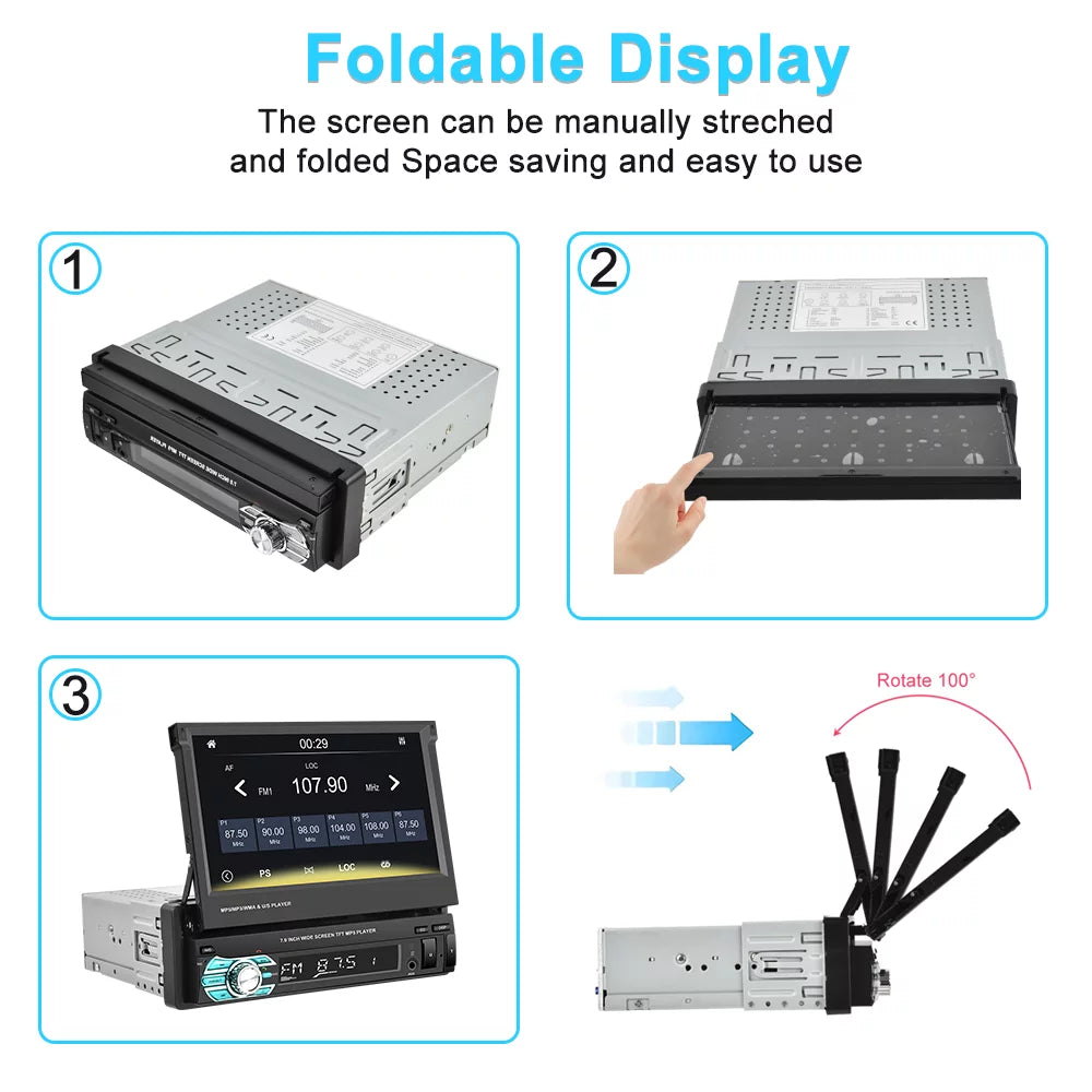 Podofo Universal Single 1  7"  Touchscreen Retractable Car Stereo Radio Bluetooth Auto Apple Carplay Android Auto  Video Player Mirror Link Function, with 12  Backup Camera