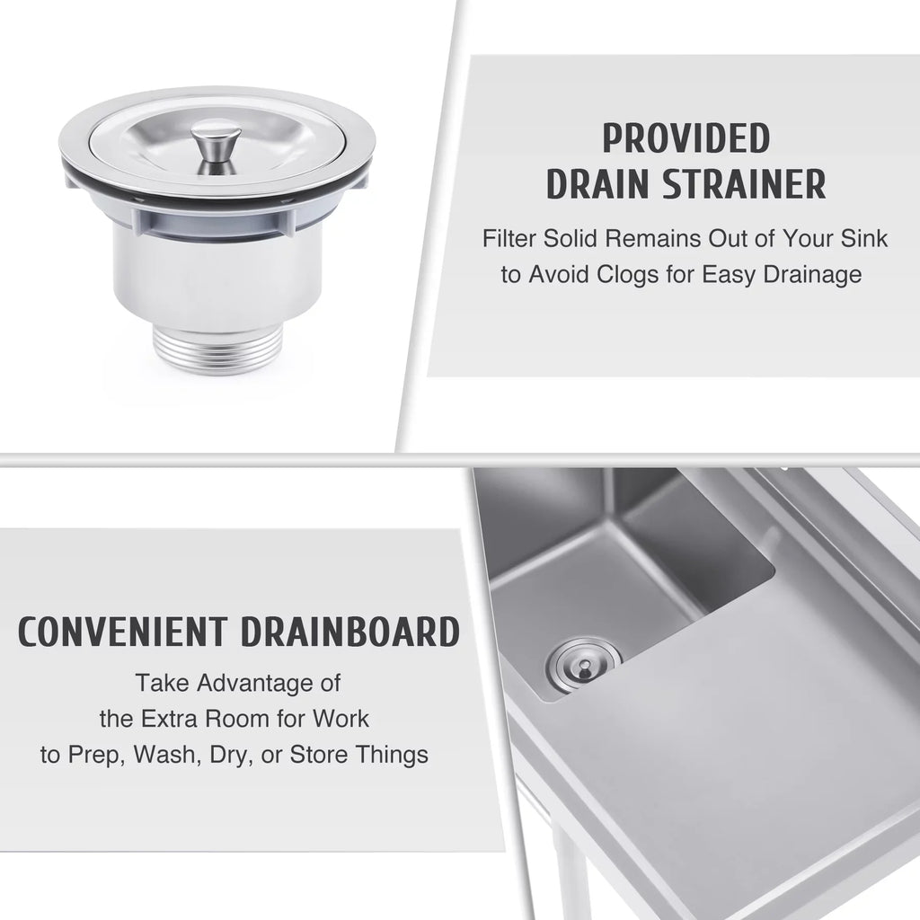 Wilprep Commercial Stainless Steel Utility Sink w Drainboard Strainer Backsplash for Kitchen Bar