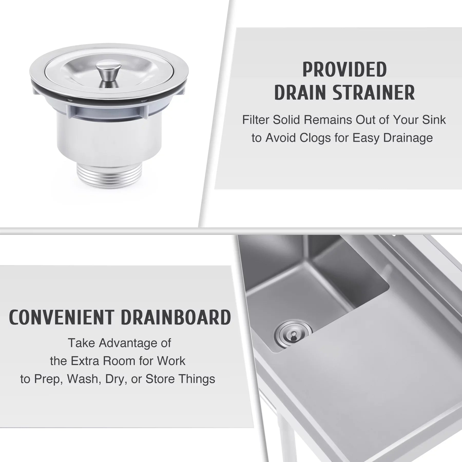 Wilprep Commercial Stainless Steel Utility Sink w Drainboard Strainer Backsplash for Kitchen Bar