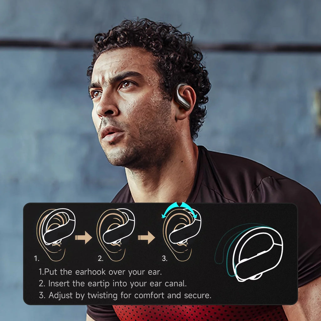 Bluetooth 5.3 Headphones Wireless Earbuds 100hrs Playtime Wireless Charging Case Digital Display Sports Ear buds with Earhook Premium Deep Bass Waterproof Over-Ear Earphones for  Phone Laptop Black