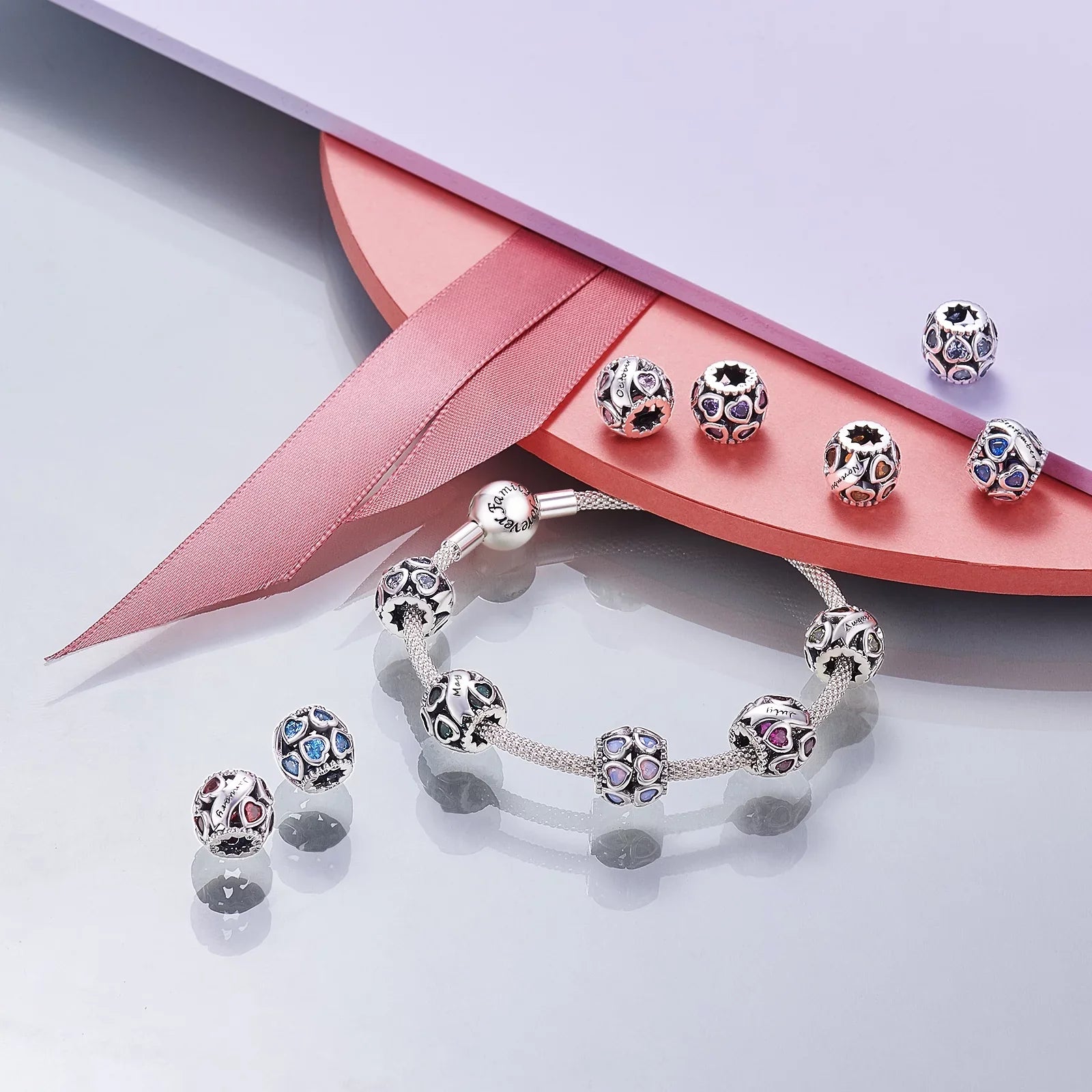February Birthstone Charms for Pandora Bracelets 925 Sterling Silver Love Heart Openwork Bead Charms