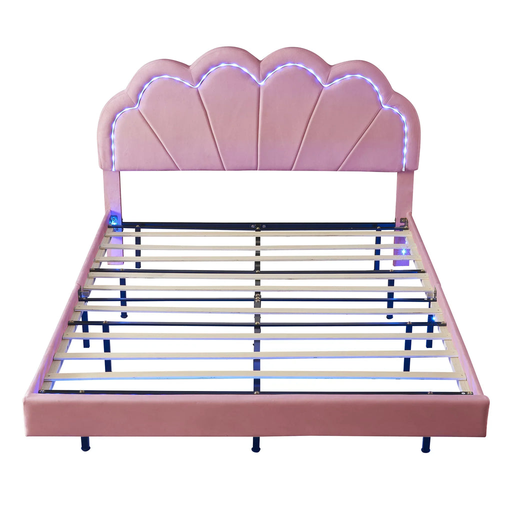 CoSoTower Queen Upholstered Smart  Bed Frame with Elegant Flowers Headboard,Floating Velvet Platform  Bed with Wooden Slats Support,Pink