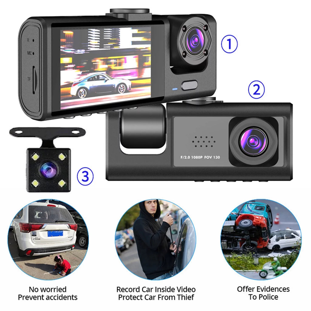 Andoer Dash Cam Front and Rear Inside 3 Cameras 1080P+720P+480p Car Rearview Mirror Car Video Recording Camcorder Night Vision Car Camera Recorder Auto Safety Driving Recorder
