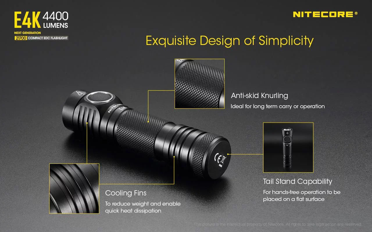 E4K Next generation 21700 Compact  Flashlight - 4x  -L2 V6 - 4400 Lumens w/ 1x  21700 Rechargeable Li-ion Battery and  Eco-Sensa Battery Case