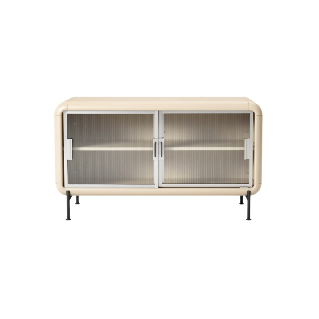 Modern Cream-Colored Glass-Front Cabinet with Adjustable Shelves
