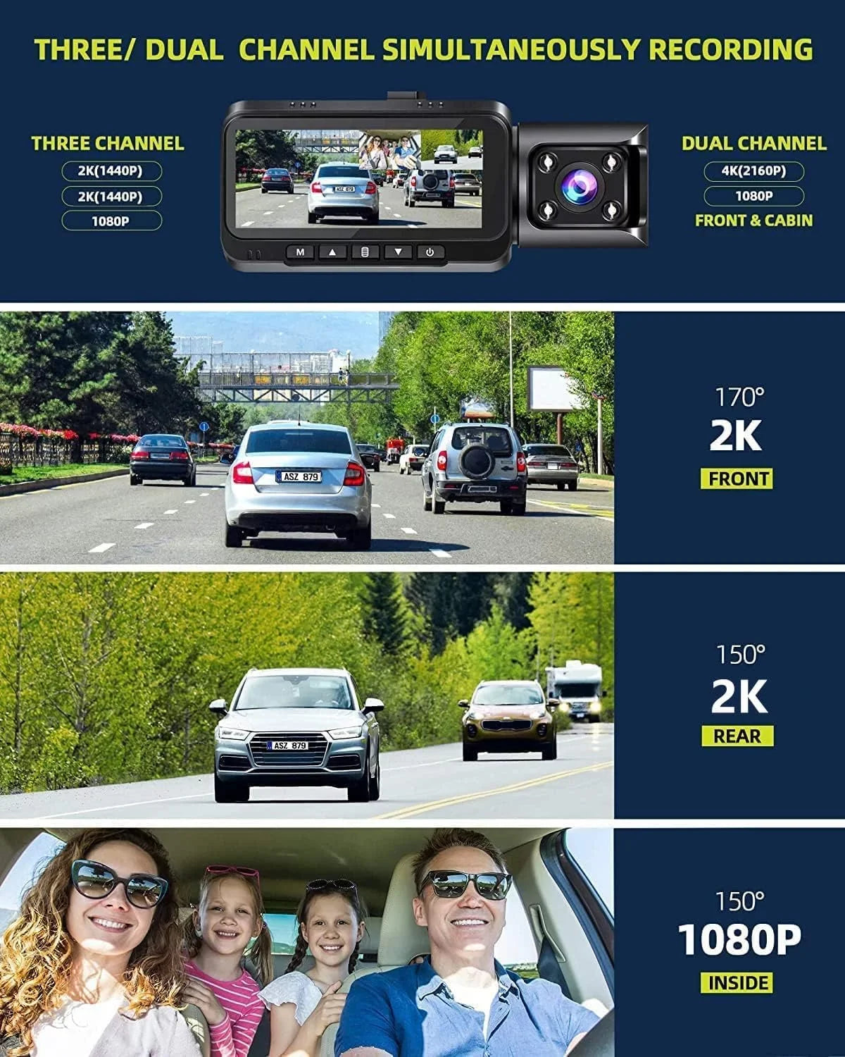 4K Car Camera  Speed 3 Channel Dash Camera Front and Rear Inside 2K+1080P+2K  Night Vision,170° Wide Angle, , Emergency Lock, Parking Monitor