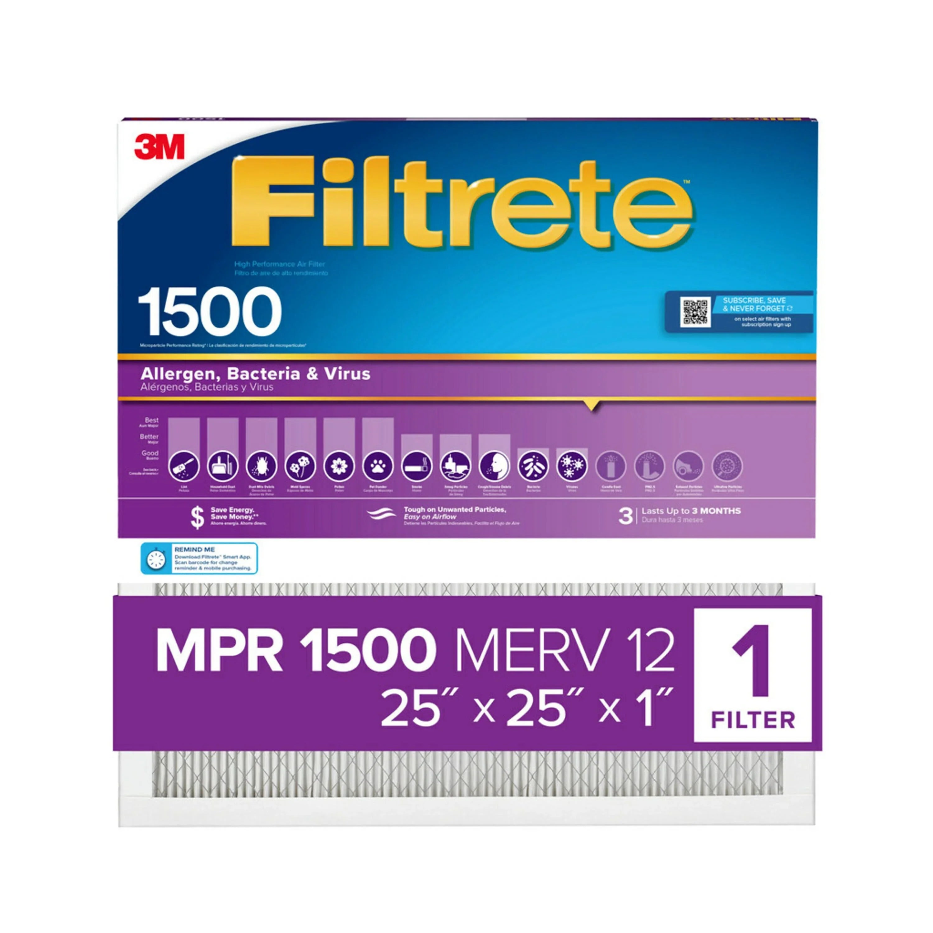 Filtrete 25x25x1 Air Filter,  1500  12, Allergen, Bacteria and Virus, 1 Filter