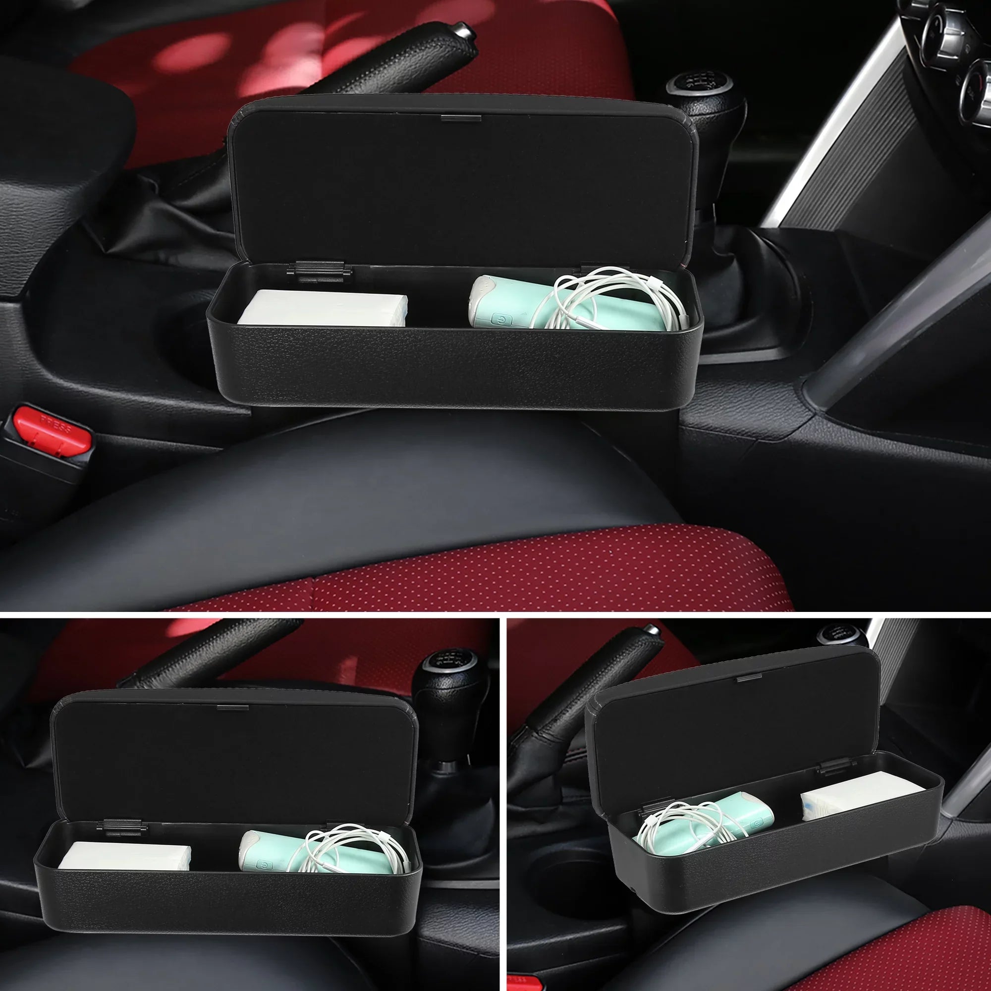 Car Center Armrest Box Seat Gap Adjustable Armrest Storage Organizer Box Armrest Black  Leather with Black Line
