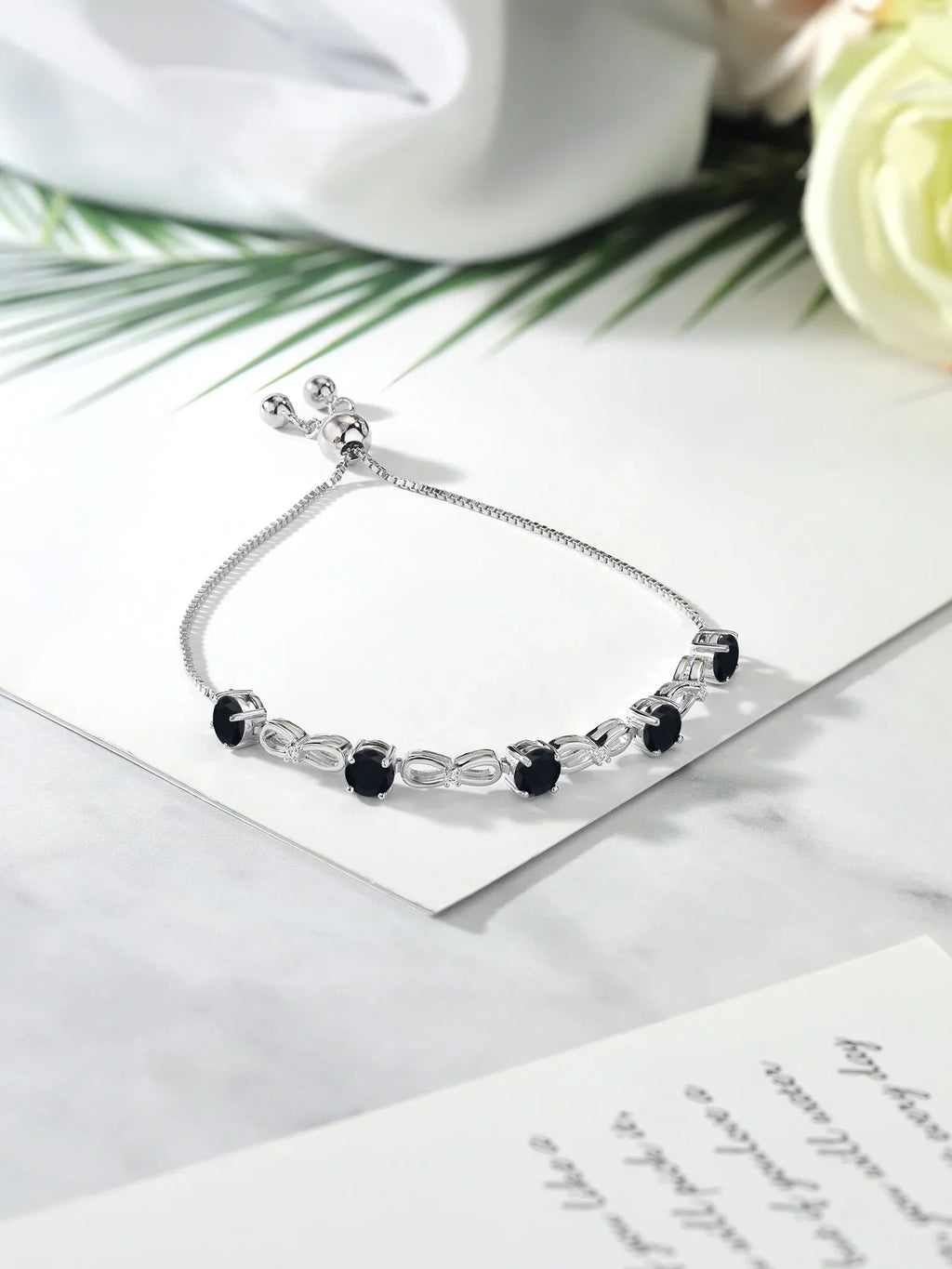 Gem Stone King 925 Sterling Silver Black Onyx and White Lab Grown Diamond Infinity Tennis Bracelet For Women (2.42 Cttw, Gemstone Birthstone, Round 5MM, Fully Adjustable Up to 9 inch)