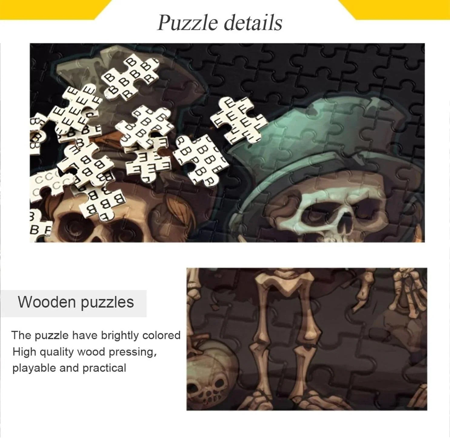 Dreamtimes 500  Wooden Jigsaw Puzzle Halloween Skeleton Print, Zigsaw with Alphabet Partition Storage Bag, Puzzle for Adults, Challenging Brain Exercise Family Game Gift for Kids Friends Parents