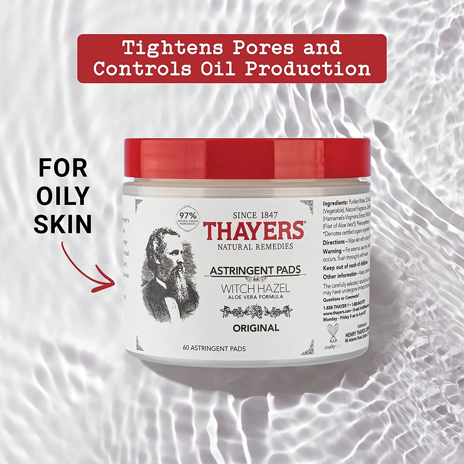 Thayers Witch Hazel Aloe Vera Formula Original 60 Pads Pack of 4