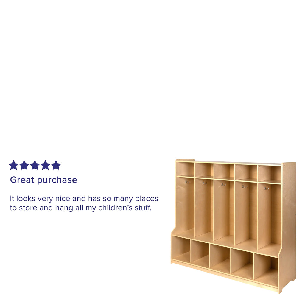 Emma + Oliver Wood 5 Section School Coat Locker with Bench, Cubbies and Storage Organizer Hook