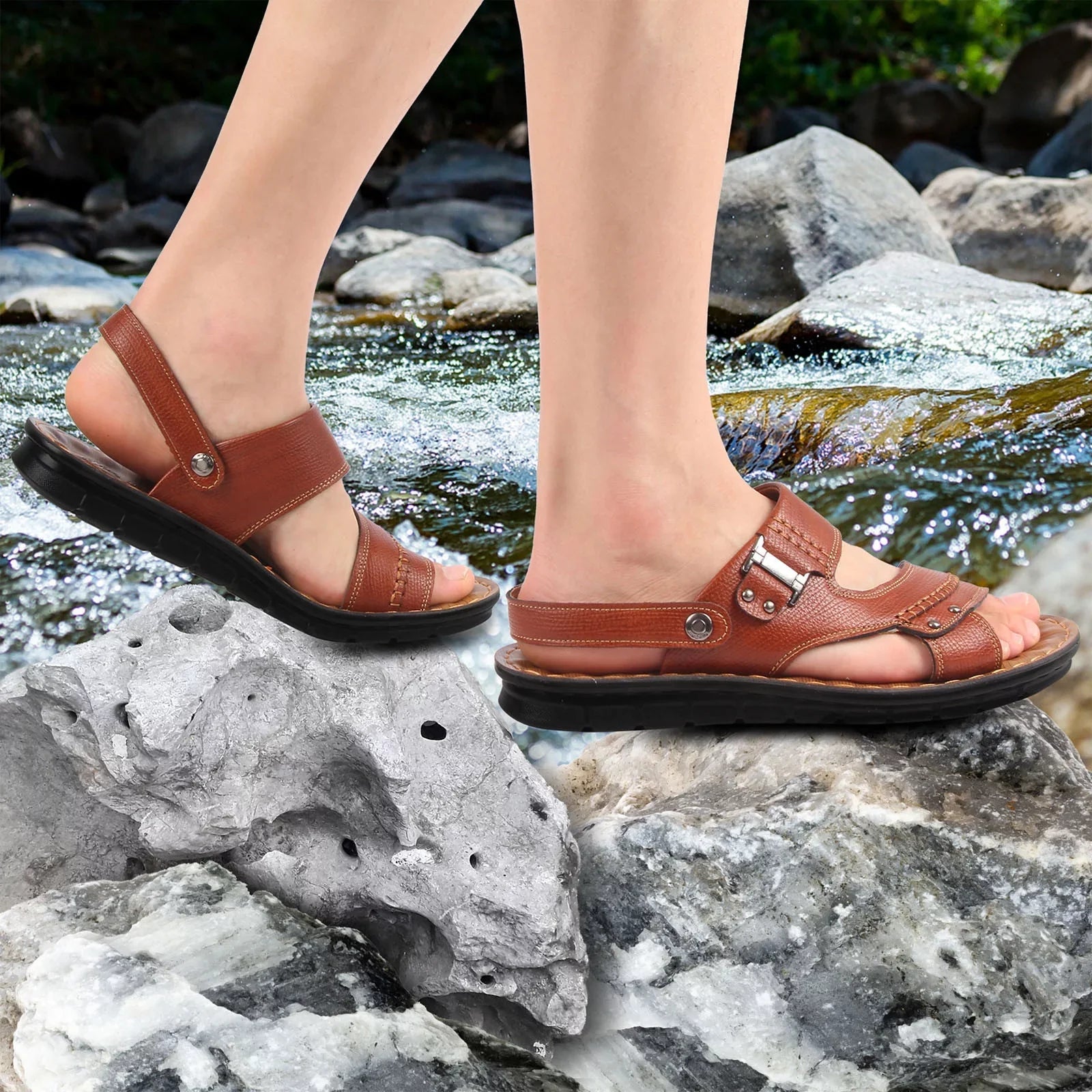 Sandals for Men Leather Hiking Sandals Men Summer Two Wear Buckle Strap Casual Open Toe Flat Soft Bottom Breathable Shoes Sandals