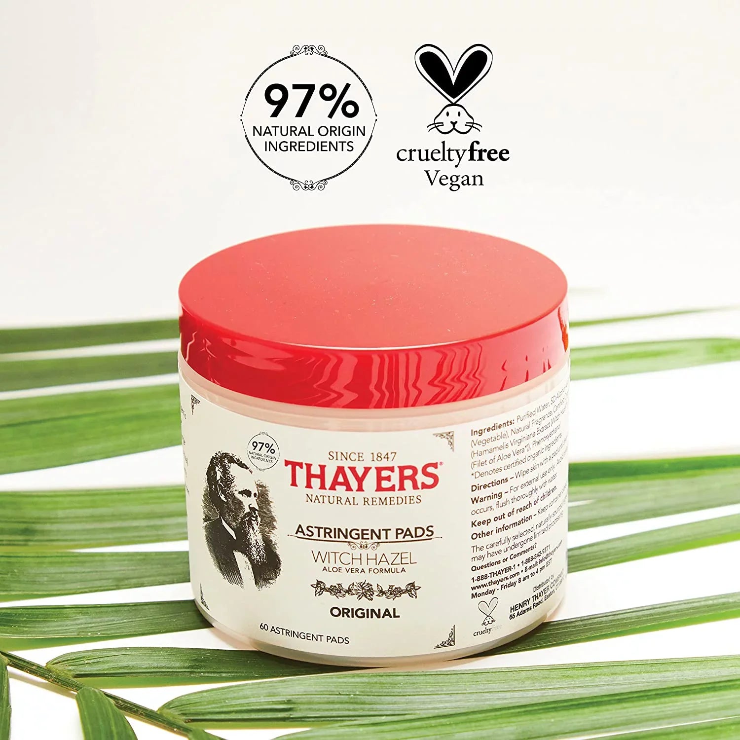 Thayers Witch Hazel Aloe Vera Formula Original 60 Pads Pack of 4