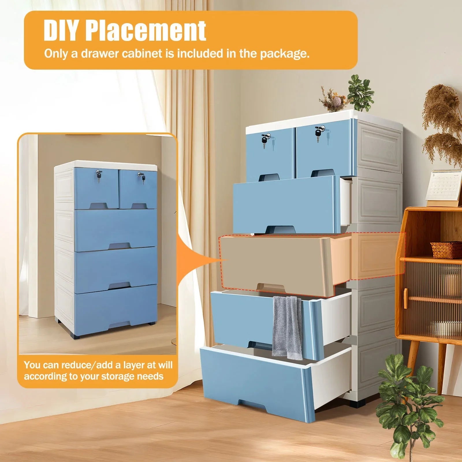 6 Drawer Plastic Storage Tower Closet Organizer with 4 rollers for Home, Office (Blue)