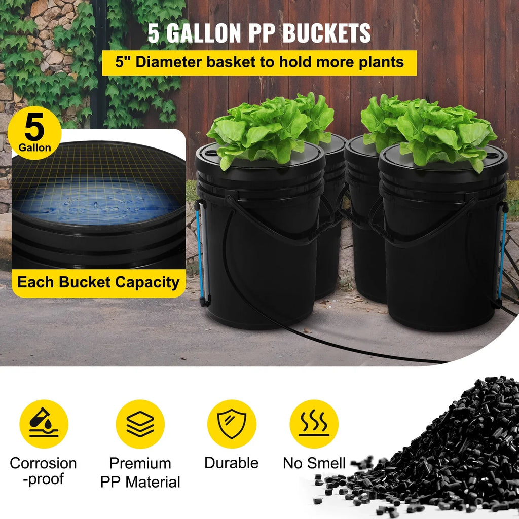5 Gallon 4 Buckets  Hydroponic System Deep Water Culture Growing Bucket, Hydroponics Grow Kit with Pump