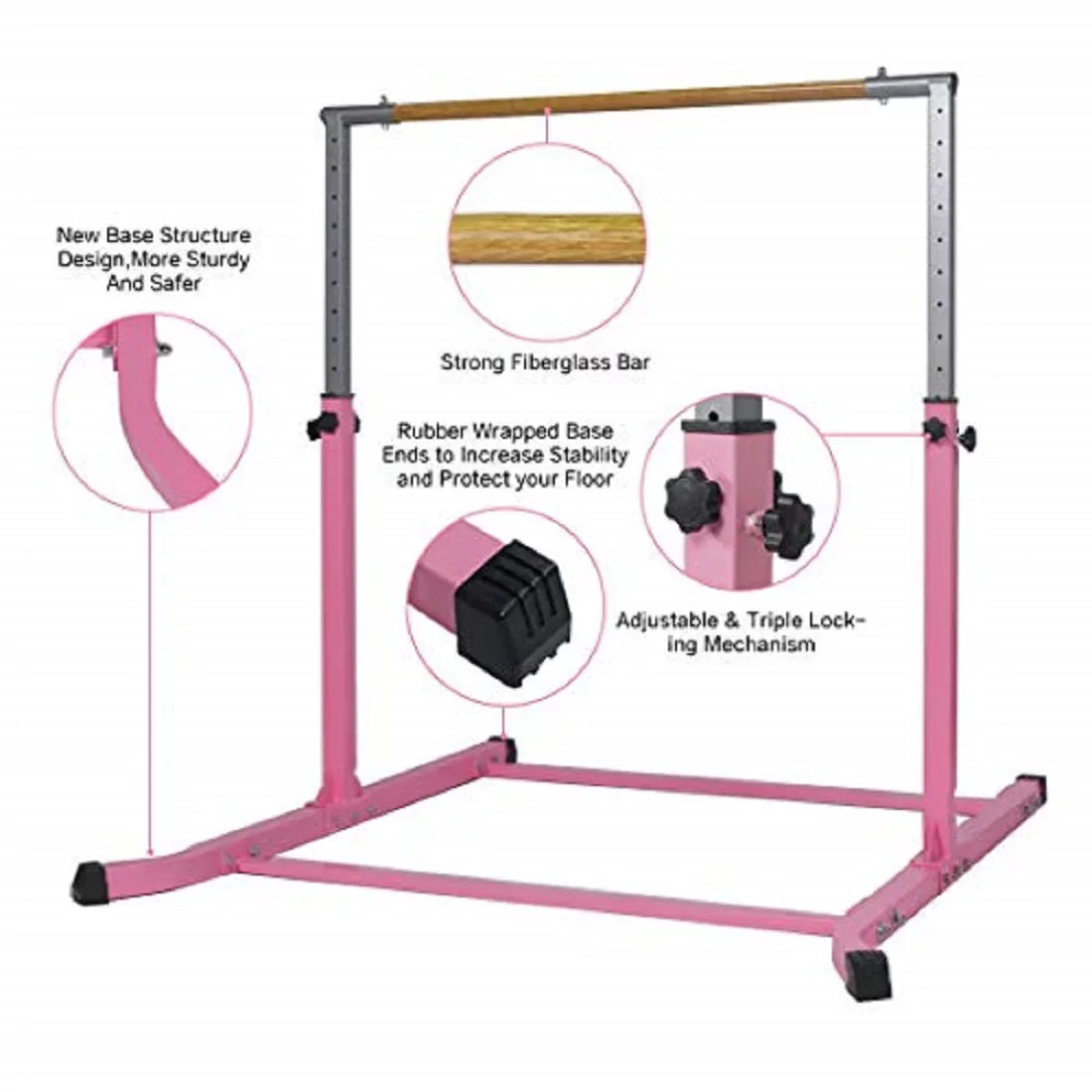 Pro-Gymnastics Expandable Gymnastics Kip Bar Horizontal Bar Junior Gymnastic Training High Bar Asymmetric Bar 13 Level Height Adjustable 3 to 5  Cushioned Bar & Curved Legs (Pink)