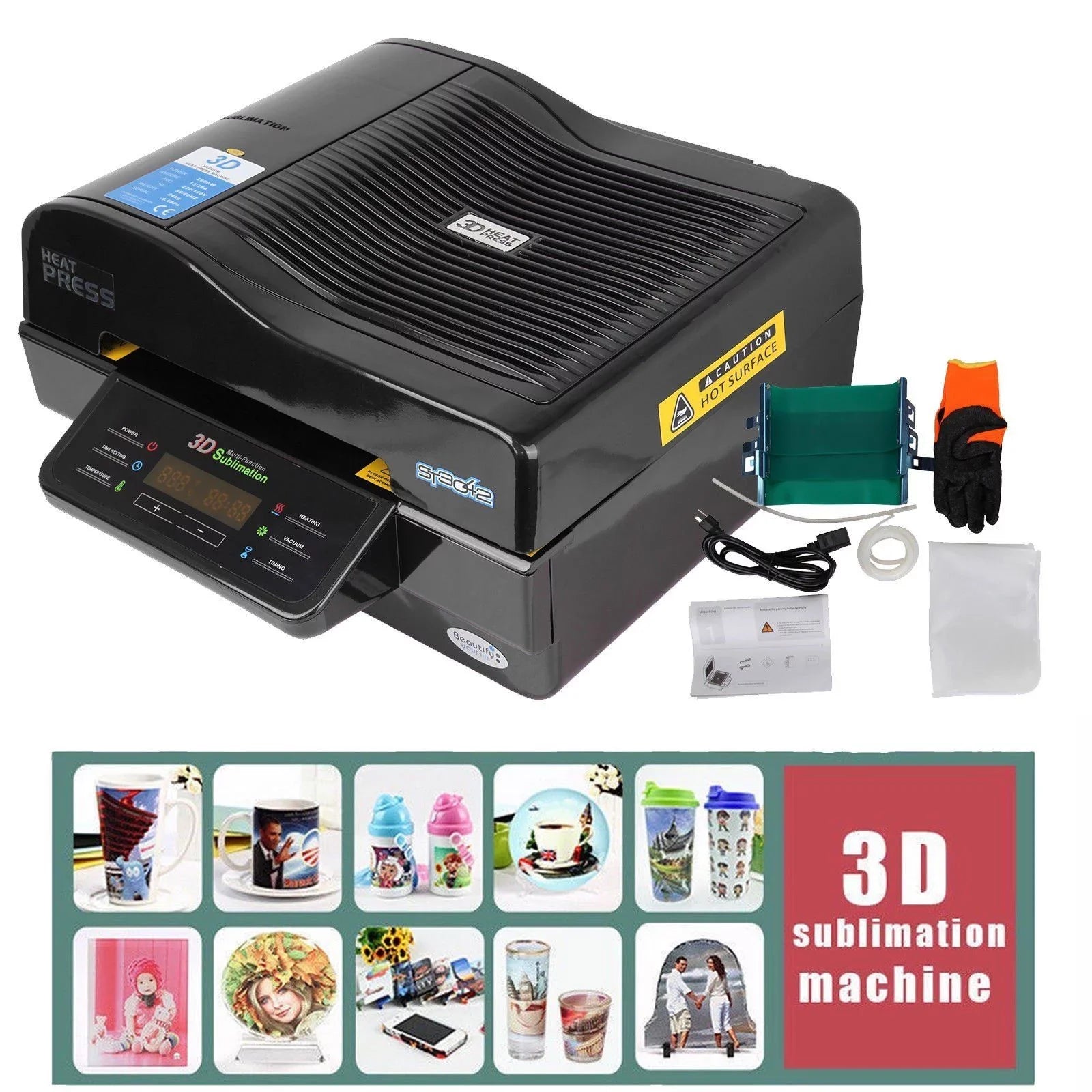 3D Vacuum Sublimation Heat Press Machine Mug Paper Inks Tape Rubber Clamps Transfer