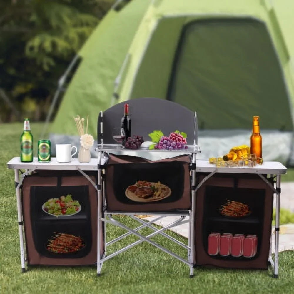 Folding Camping Kitchen Table Picnic Cabinet Table Portable Cooking Storage Rack