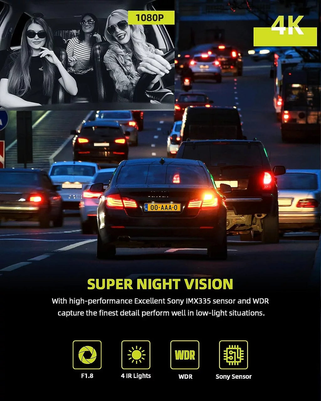 4K Car Camera  Speed 3 Channel Dash Camera Front and Rear Inside 2K+1080P+2K  Night Vision,170° Wide Angle, , Emergency Lock, Parking Monitor