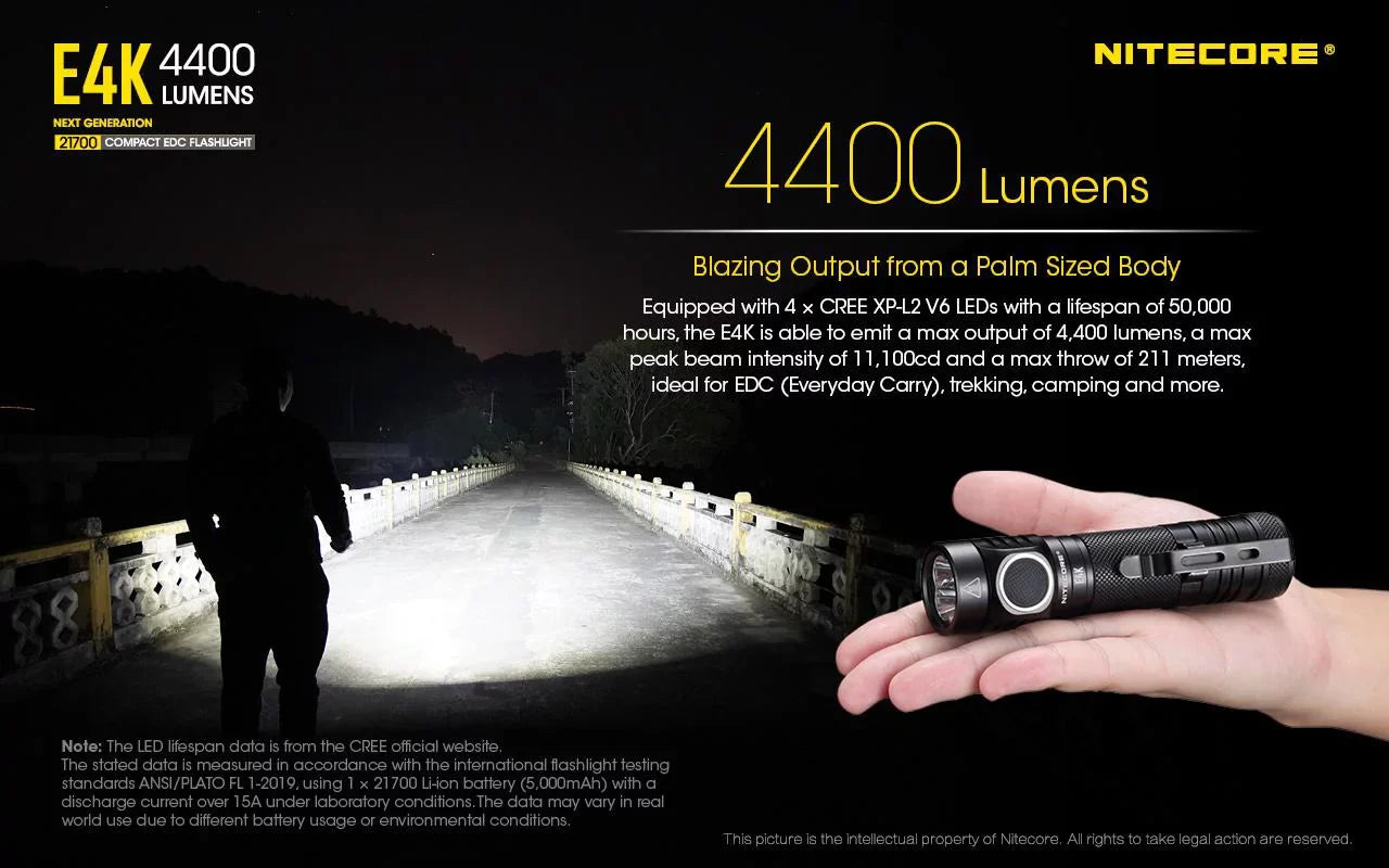 E4K Next generation 21700 Compact  Flashlight - 4x  -L2 V6 - 4400 Lumens w/ 1x  21700 Rechargeable Li-ion Battery and  Eco-Sensa Battery Case