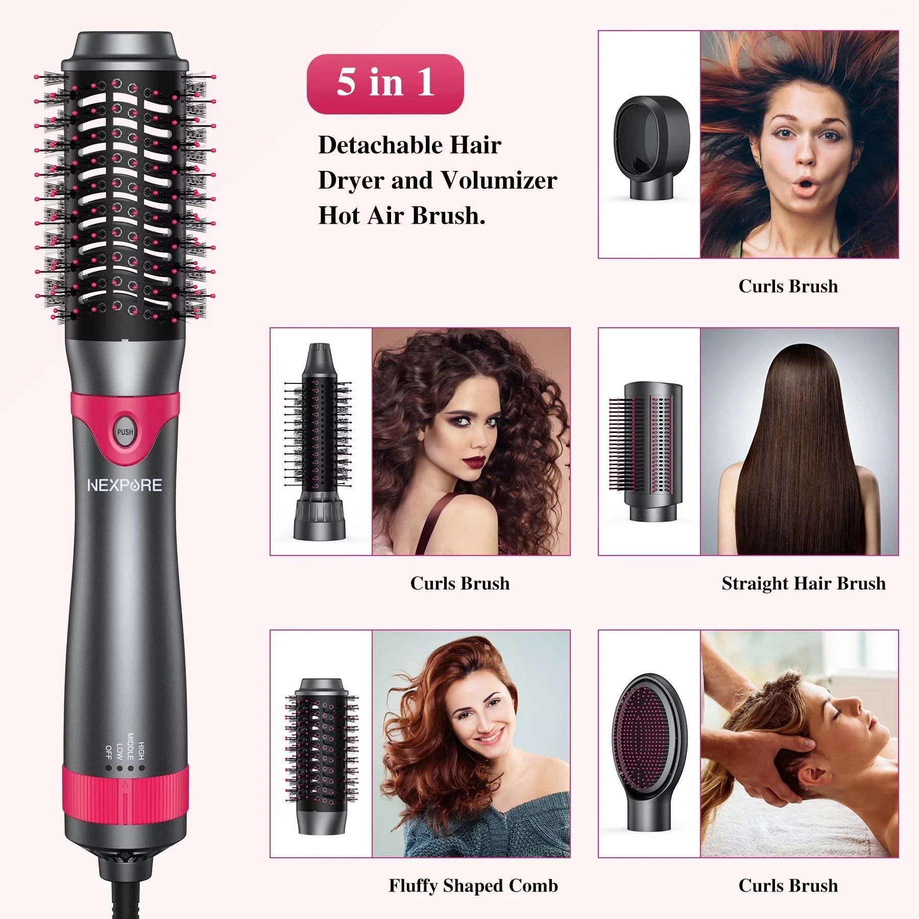 5 in 1 Multifunctional Hair Dryer Styling Tool, Detachable Salon 5-in-1 Multi-Head Hot Air Comb,Negative Ion Automatic Suction Hair Curler for Women