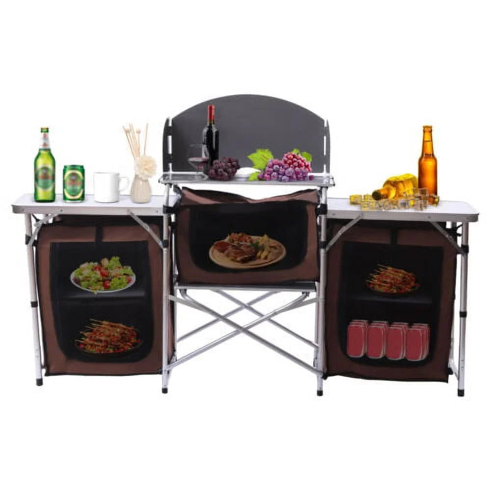 Folding Camping Kitchen Table Picnic Cabinet Table Portable Cooking Storage Rack