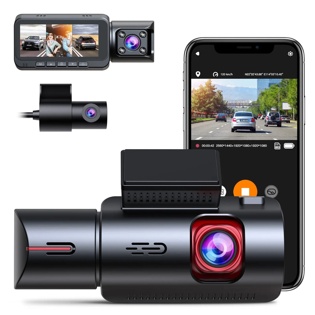 WiFi 3 Channel Dash Cam 2K+1080P+1080P@30fps with  Speed, 4K Dual Dashcam Front and Inside, Triple Car Dash Camera with Type C Port, ,  Night Vision, 170° Wide Angle, 24hr Parking Monitor