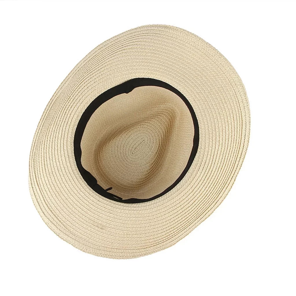 Women Straw Sun Hat Cowboy Western Style Big Brim Floppy Packable Trilby Beige