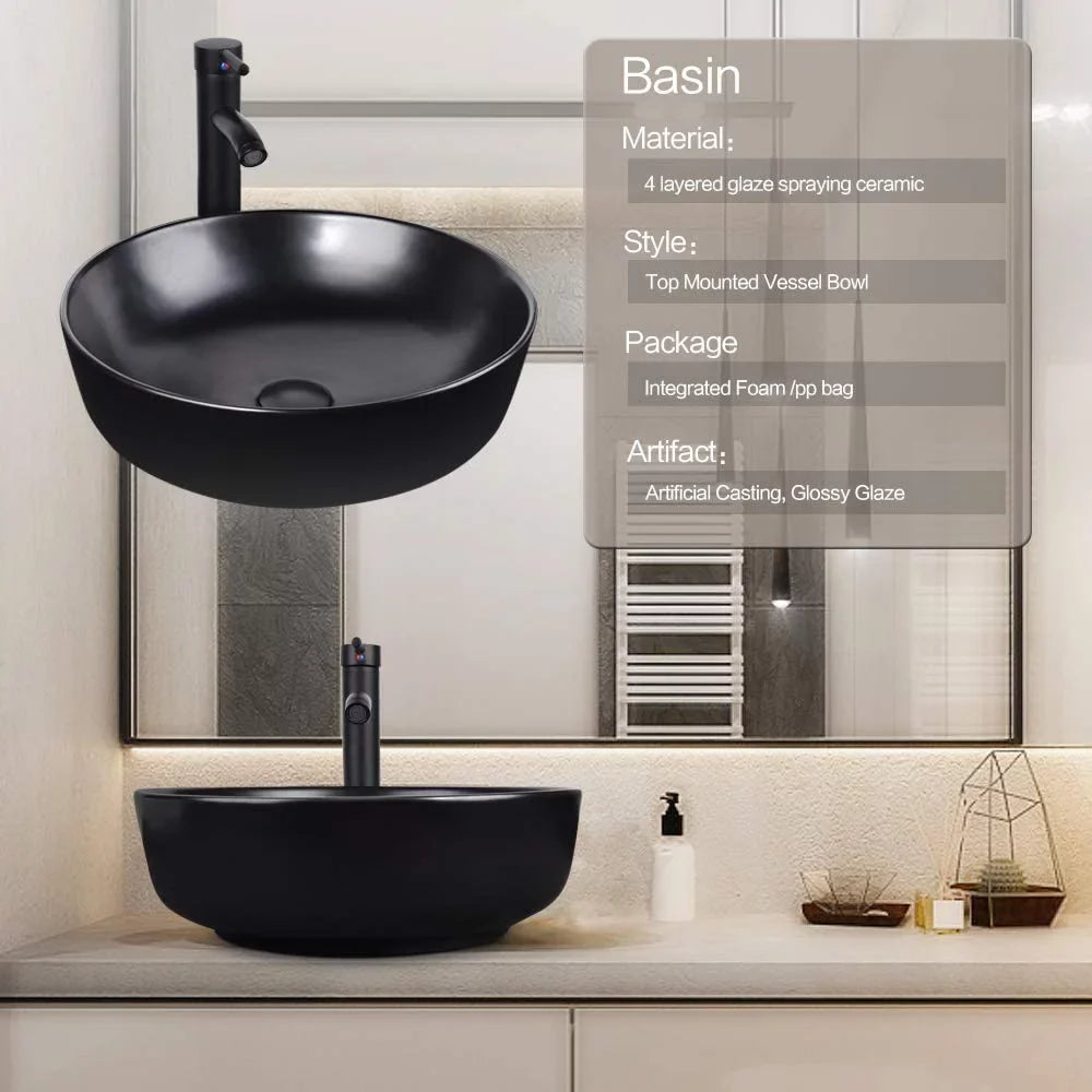 Artistic Porcelain Ceramic Vessel Sink Basin Washing Bowl Set Cabinet Countertop Sink with Chrome Faucet Pop-up Drain and Water Pipe Lavatory