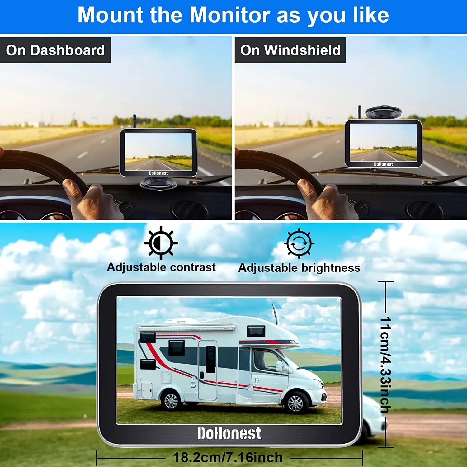 DoHonest Wireless Backup Camera 7-Inch: Plug and Play Easy to Install Truck Car Monitor Kit  1080P Bluetooth Reverse Cam for Pickup Camper Van Stable Signal 2 Channel Night vision Auto-Switching V
