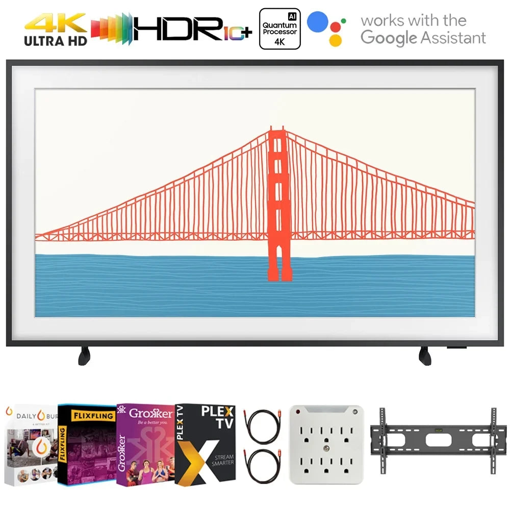 Samsung QN65LS03AA 65 inch The Frame  4K Smart  2021 Bundle with Premiere Movies Streaming 2020 + 37-100 inch  Wall Mount + 6-Outlet Surge Adapter + 2x 6FT 4K  2.0 Cable