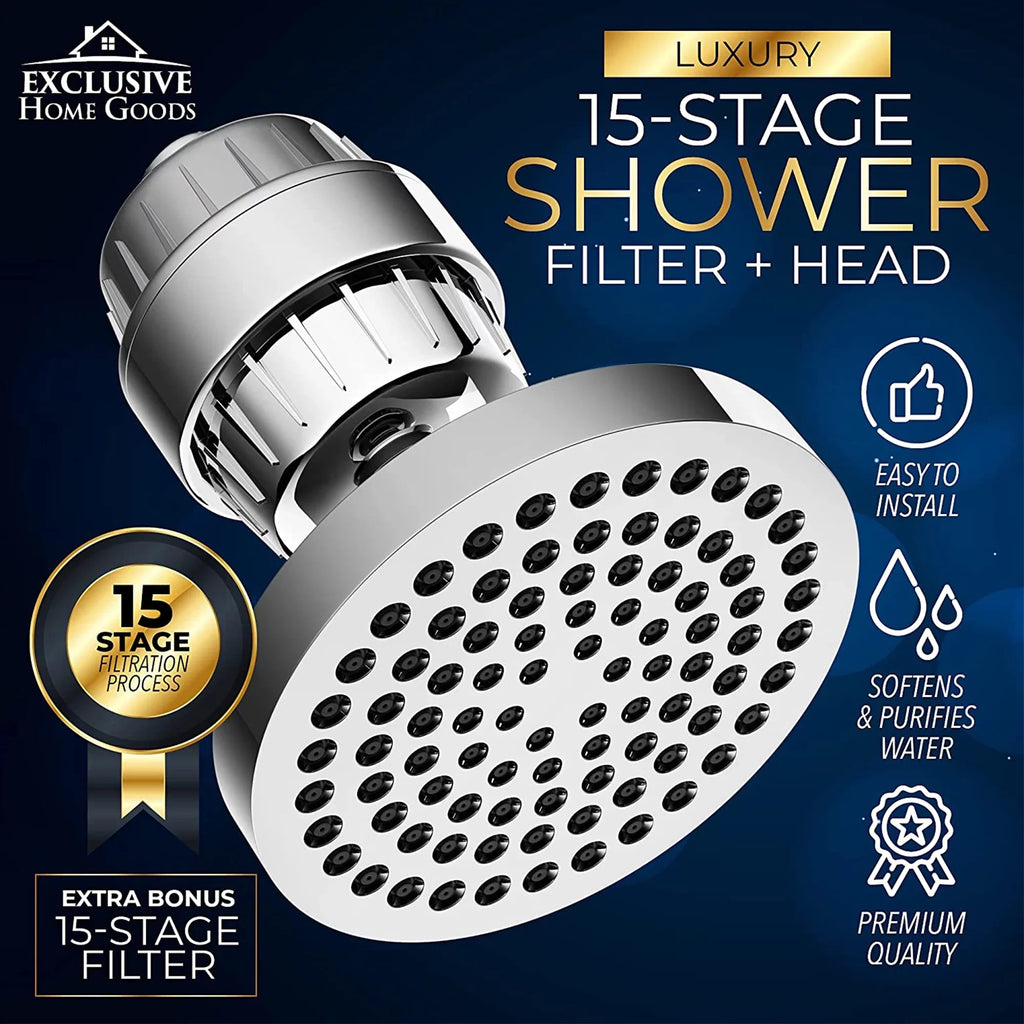 Exclusive Home Goods Rainfall Shower Head & Showerhead Filter System for Hard Water