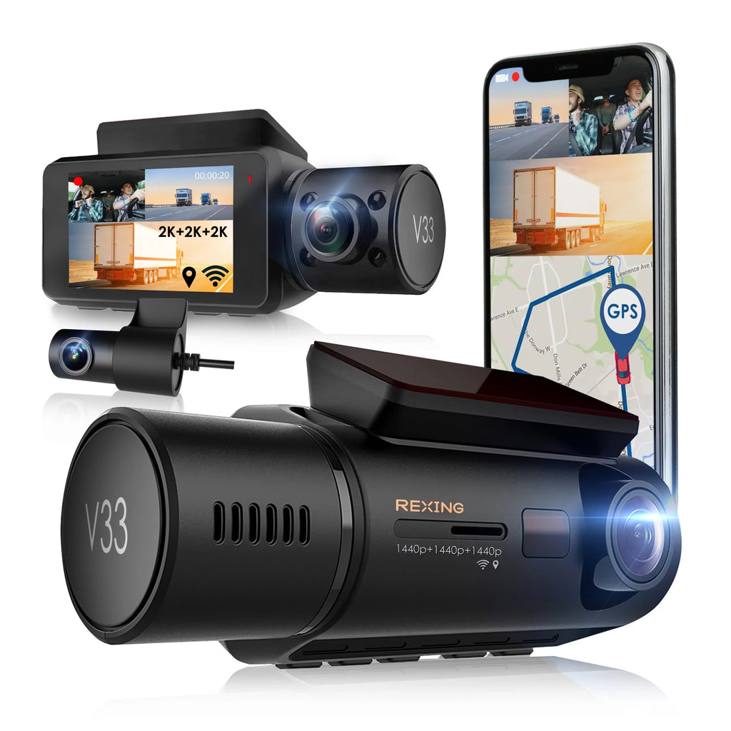 Rexing V33 3 Channel 1440p+1440p+1440p Front, Cabin and Rear Camera Dashcam with Built-in Wi-Fi &