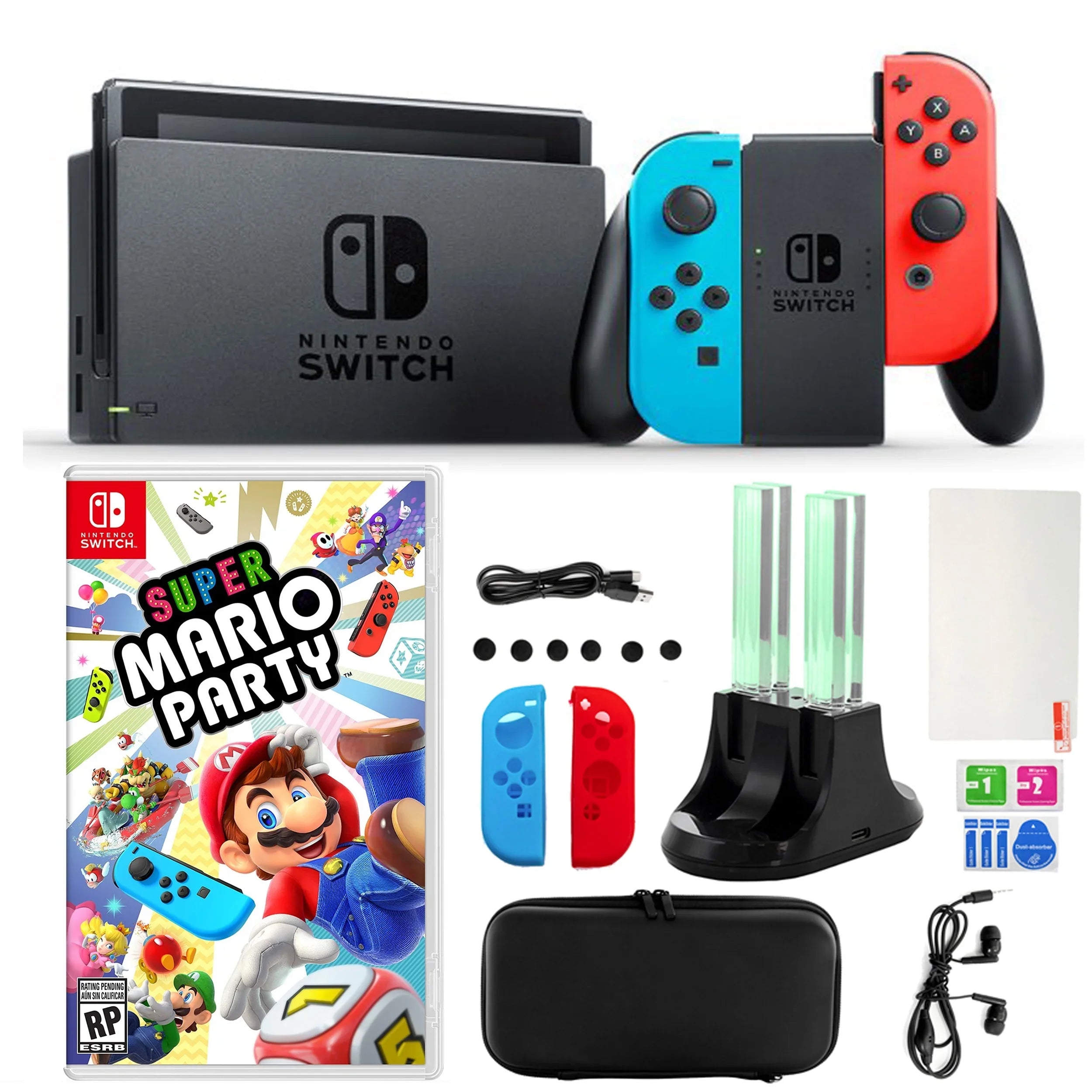 Nintendo Switch Neon Joy-Con with Mario Party and 14 in 1 Accessories Kit