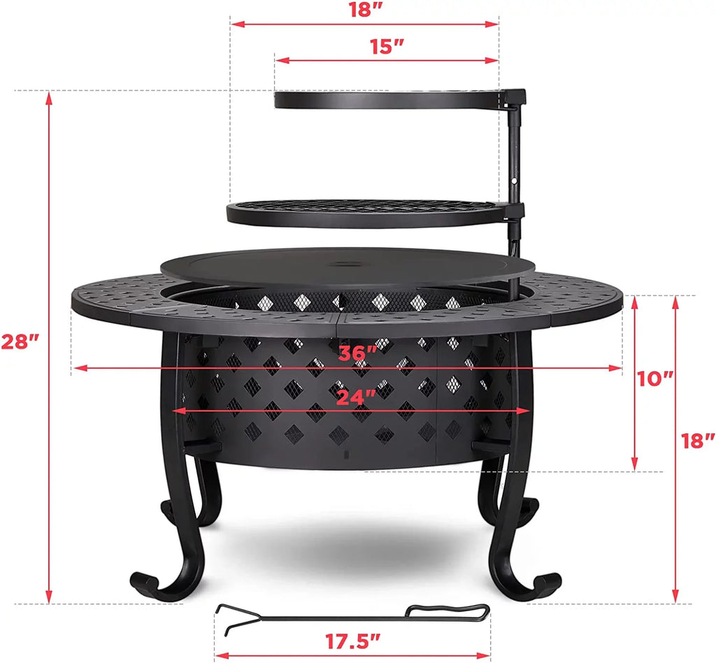 36 Inch Fire Pit with 2 Grill, Outdoor Wood Burning Firepit with Lid, Metal Round Table for Backyard Patio Garden Picnic Camping Bonfire