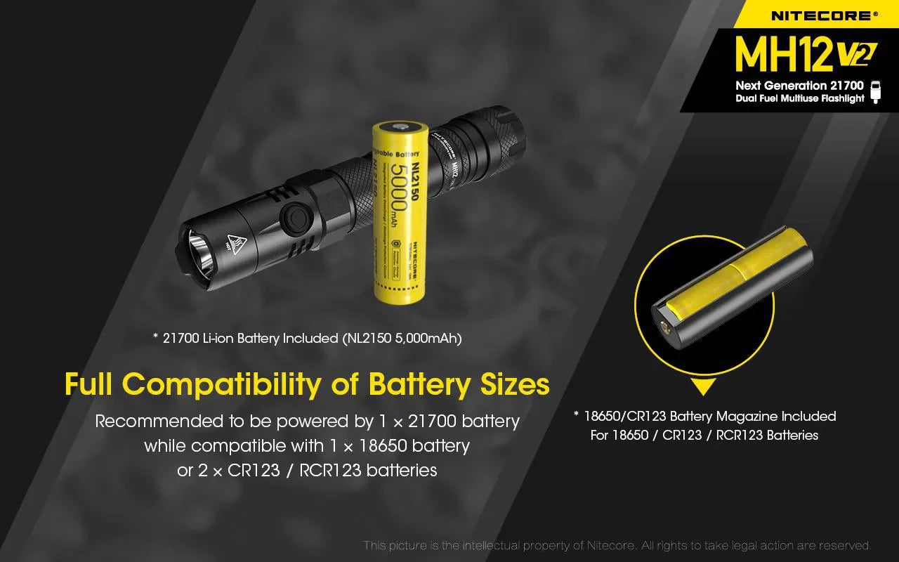 Combo: Nitecore MH12 V2  -L2 V6  Flashlight -1200 Lumens -21700 Battery (Included) + NL2150HPi 21700 5000mAh Battery