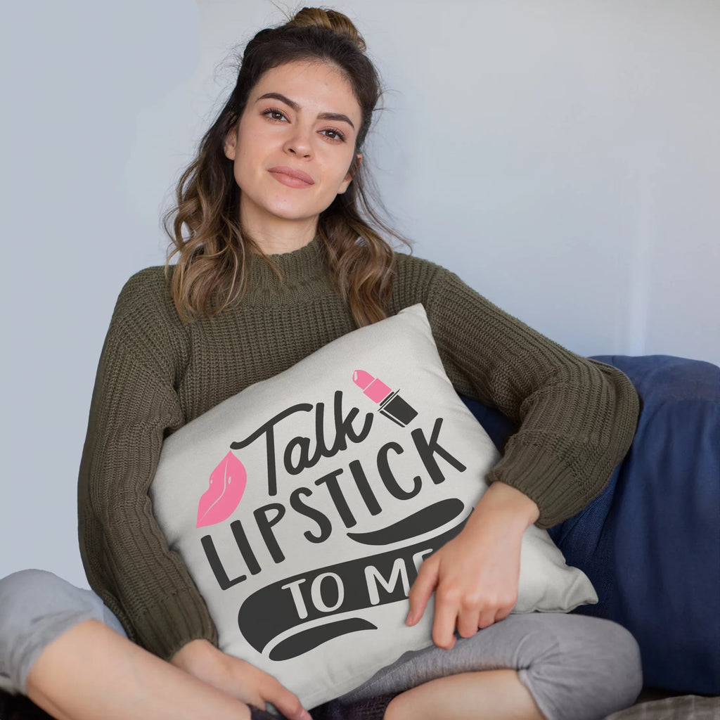Talk Lipstick to Me w/ Pink Lips Design - Beauty Themed Merch for Makeup Artist or Cosmetologist, Gift for Makeup Lovers, Pillow Cover, White 18X18