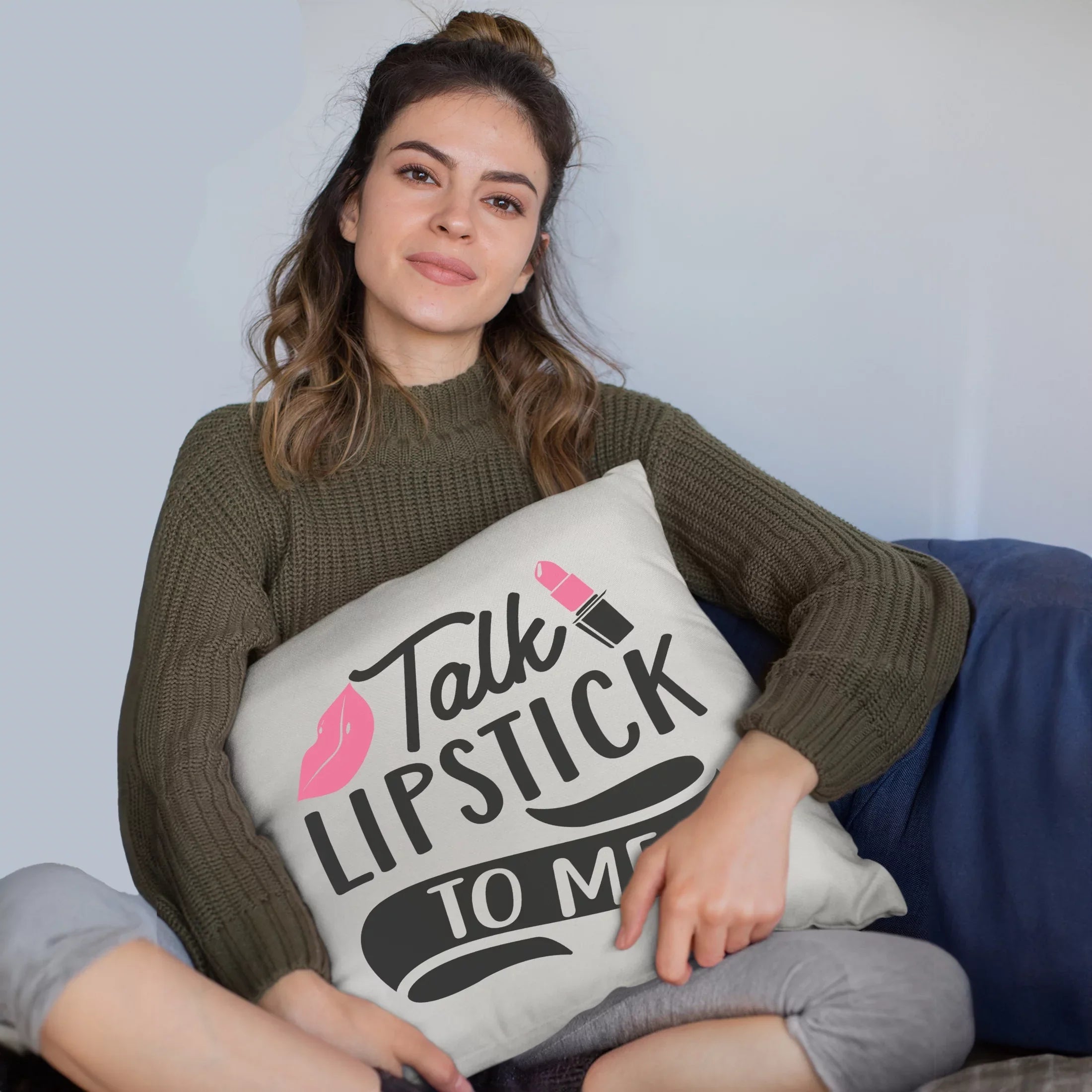 Talk Lipstick to Me w/ Pink Lips Design - Beauty Themed Merch for Makeup Artist or Cosmetologist, Gift for Makeup Lovers, Pillow Cover, White 18X18